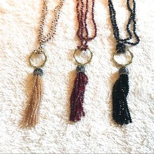 Knotted Glass Necklace with Beaded Tassels